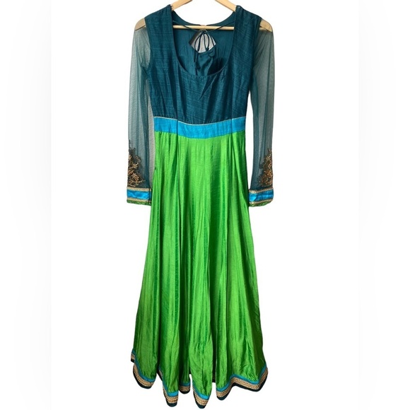 Indian Wedding Pakistani Party Formal Maxi Silk Traditional Green Ethnic Dress - Picture 5 of 9
